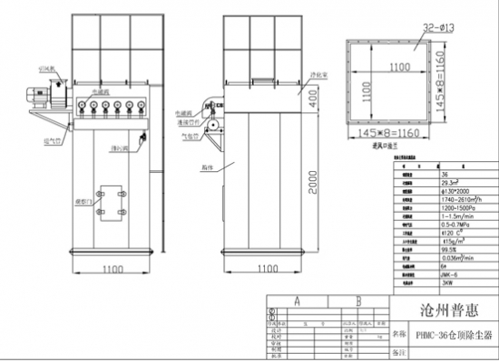 36袋倉(cāng)頂除塵器過(guò)濾面積為29平米、處理風(fēng)量為1700-2600立方/H、36條直徑130*2000毫米濾袋，長(zhǎng)度和寬為1100毫米、高2400毫米，配6臺(tái)1寸24伏脈沖閥，凈化效率為、出口含塵濃度≤30毫克/立方米。